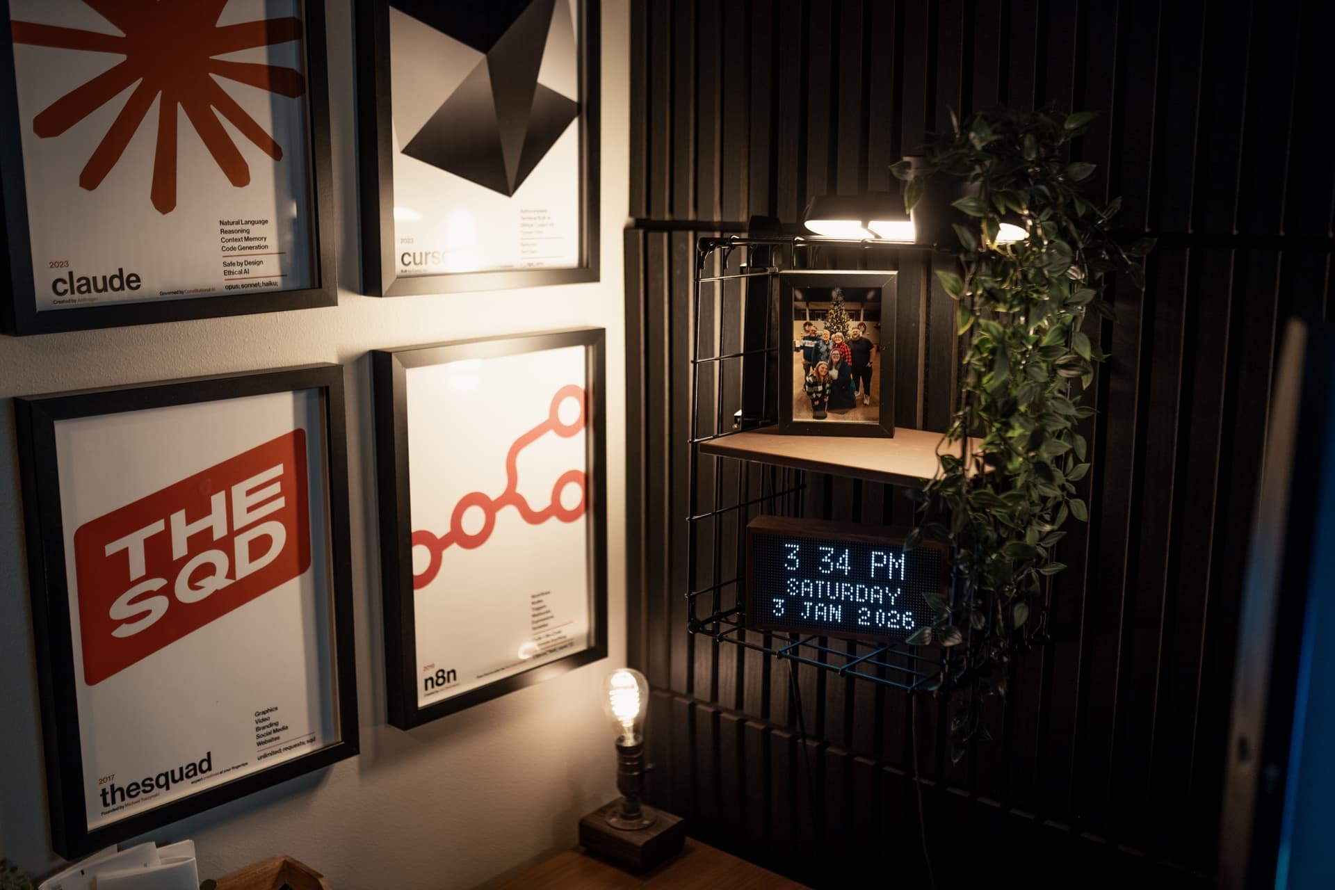 A digital photo frame displaying an image on a sideboard