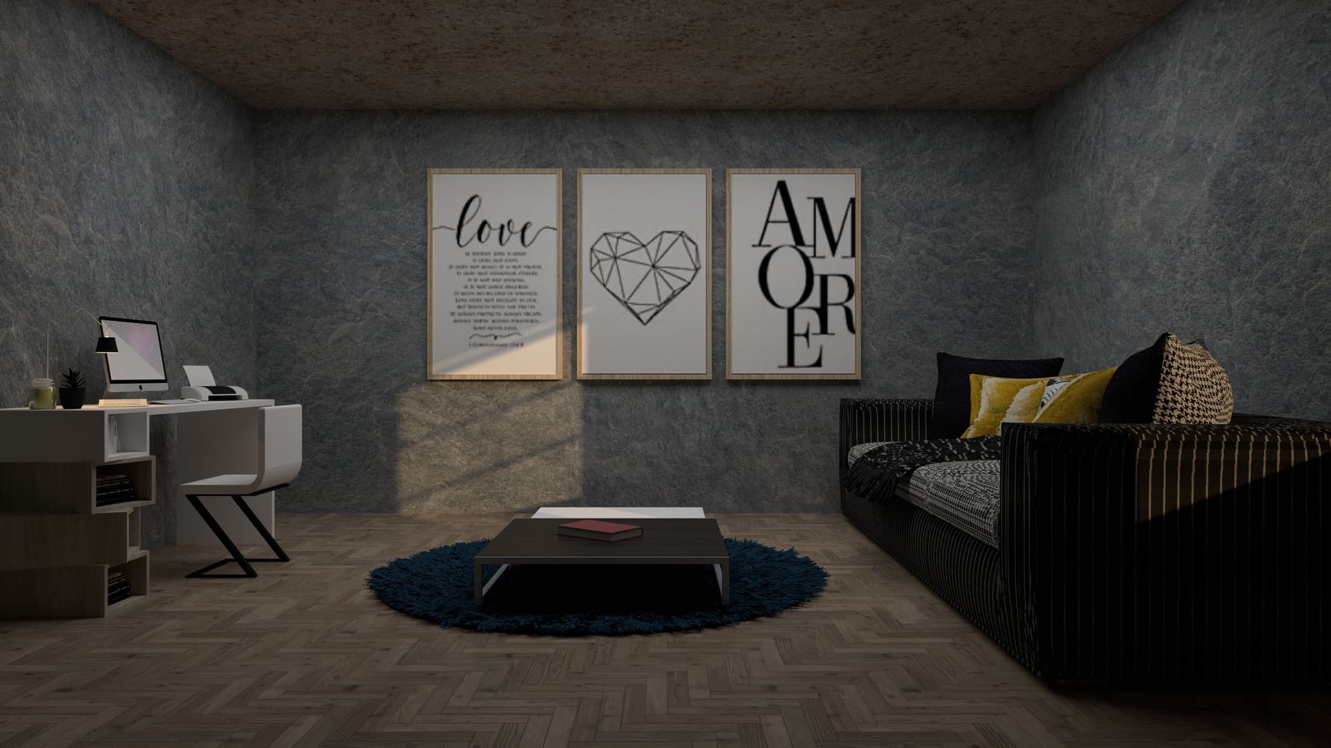 A single large framed print in a compact apartment living space
